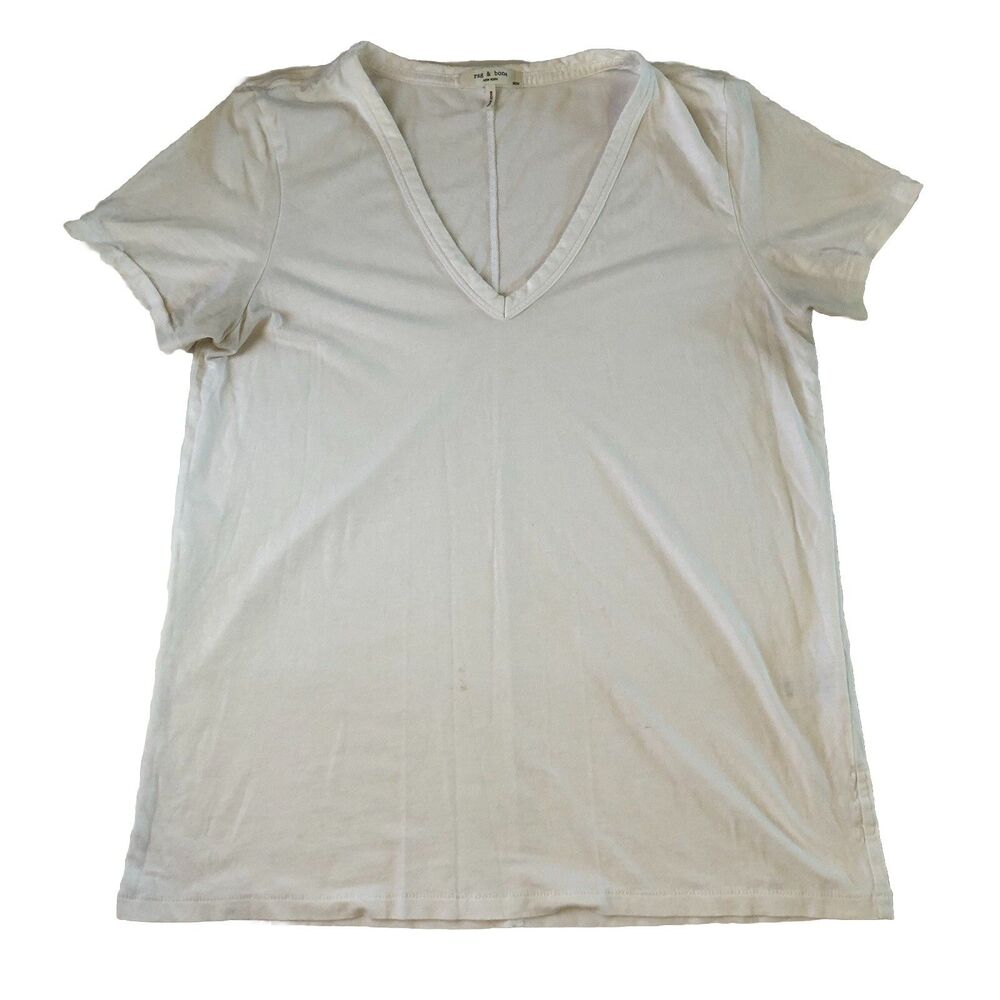 rag & bone White Cotton Viscose V-Neck Short Sleeve Tee Shirt Medium